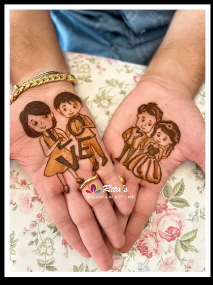 Mehendi is for grooms too! I create personalized and meaningful designs for grooms, like these cute caricatures that represent the couple's story. It's a wonderful way for the groom to be a part of the henna tradition.