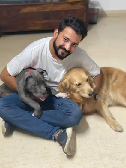 A happy pile of pups. Brutus as a puppy cuddling with his human friend and a Golden Retriever, showing the social and friendly atmosphere we cultivate.