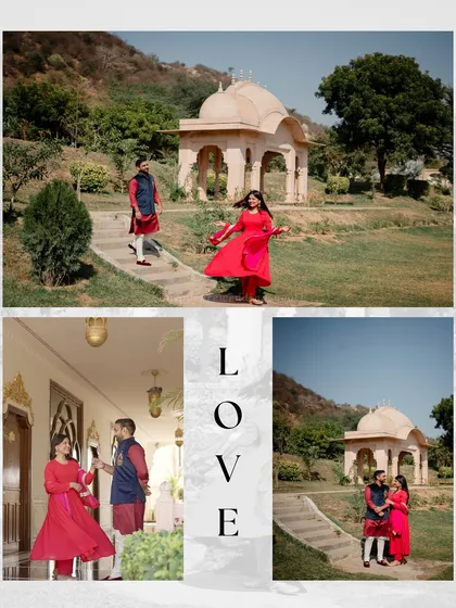 A collage of Harshil and Nishika's shoot at the beautiful Rajasthali Resort, showing them in both traditional and casual wear around the property.