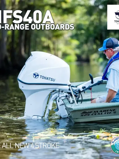 The Tohatsu MFS40A 4-stroke outboard is shown powering a jon boat through a waterway. These mid-range outboards are known for their fuel efficiency and clean emissions, making them a smart choice for both professional and recreational boaters.