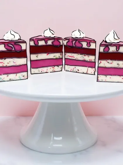 Here are my comic cake soap slices, displayed on a cake stand to complete the illusion. The bold, cartoon-like outlines were created with grey soap dough for a fun, artistic effect.