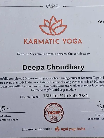 My official 50-hour Aerial Yoga Teacher Training certificate from Karmatic Yoga. This certification covers the study of the aerial hammock and human anatomy, ensuring I can lead classes and workshops with the highest standard of safety.