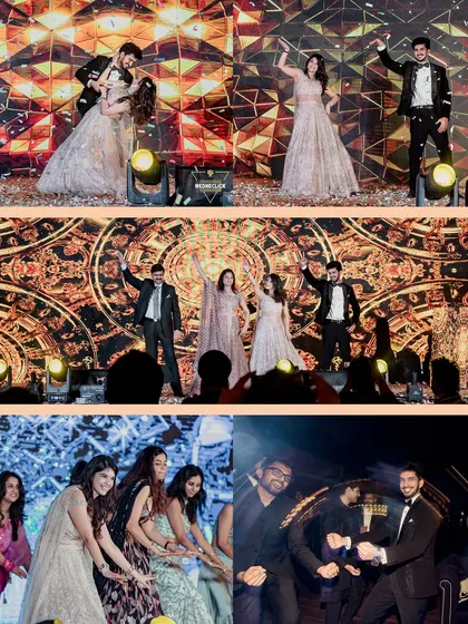 A collage showcasing the fun and energy of the sangeet night, with group dance performances and playful moments.