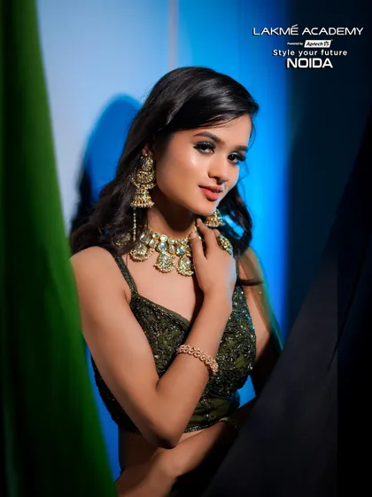 A beautiful portrait showcasing a soft glam look. The focus is on the intricate jewelry and the perfectly blended makeup, creating a look of effortless elegance.