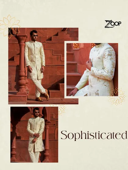 This collage highlights the sophisticated details of a classic sherwani. The rich texture and elegant cut are designed for a groom who wants a look of timeless royalty.
