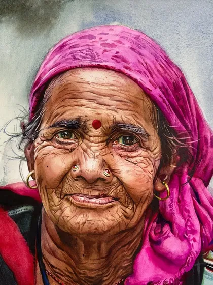 An advanced portrait with a focus on the intricate details of the face, from the fine wrinkles to the traditional nose rings and bindi.