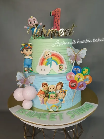 A closer look at Ishmeet's two-tier Cocomelon birthday cake.