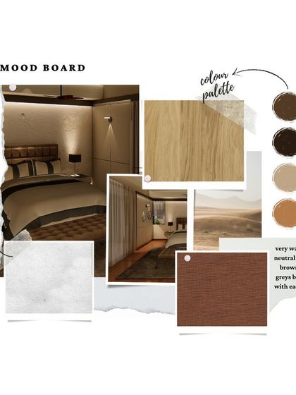 This mood board outlines a bedroom concept with a warm, neutral palette. It specifies the use of plaster for texture, wood for warmth, and a color scheme of browns and greys.