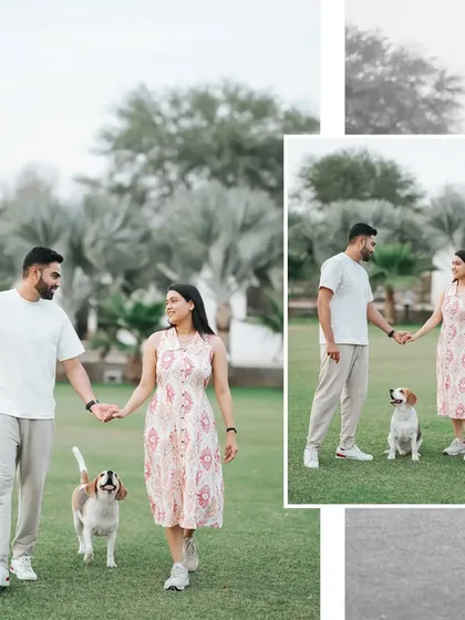 A collage from a pet-friendly shoot, showing the couple walking and posing with their adorable dog.