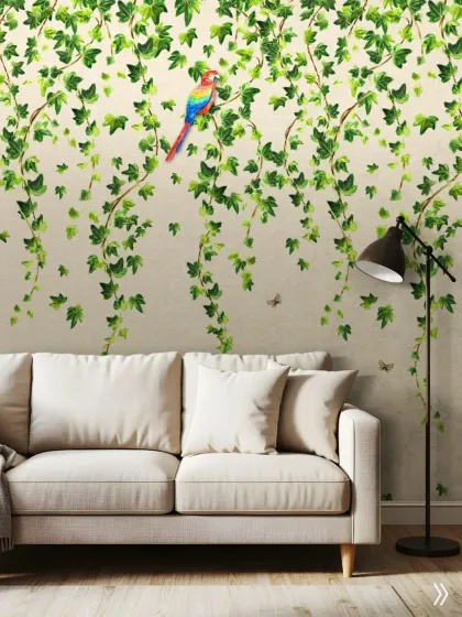 A light and airy tropical design featuring hanging vines and a colorful parrot. This wallcovering brings a touch of nature indoors without overwhelming the space, perfectly pairing with the neutral sofa.