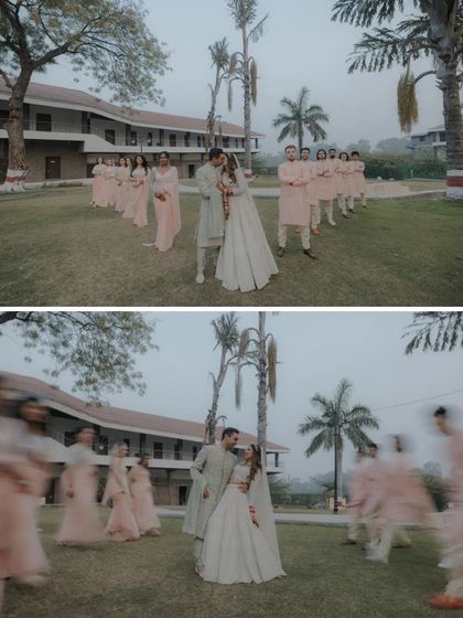 A creative long exposure shot where the bridesmaids and groomsmen become a blur of motion around the still and focused couple, symbolizing that they are the center of this world.