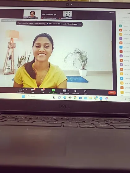 I offer live, interactive yoga classes online for individuals and corporate teams. This screenshot from a session with UST shows how we can connect and practice together, no matter where you are located.