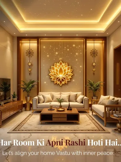 For us, design is about creating positive energy. This living room is a perfect example of our Vastu-compliant design philosophy, featuring a central lotus art piece and balanced elements to bring peace and prosperity into the home.