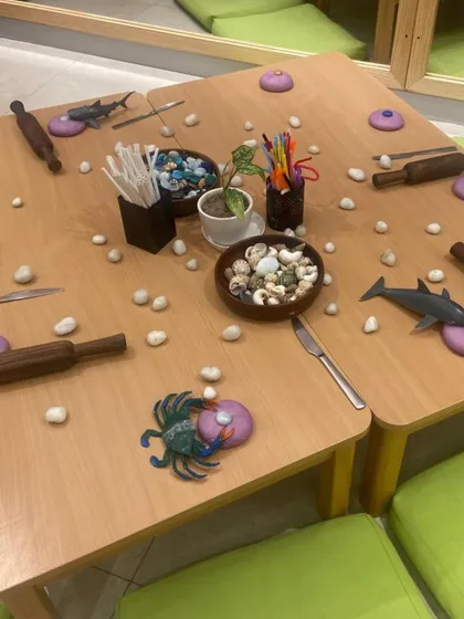 This table is set with an invitation to explore. Playdough, rolling pins, shells, and stones are arranged to spark curiosity about the ocean. The setup encourages children to create, tell stories, and engage their senses.