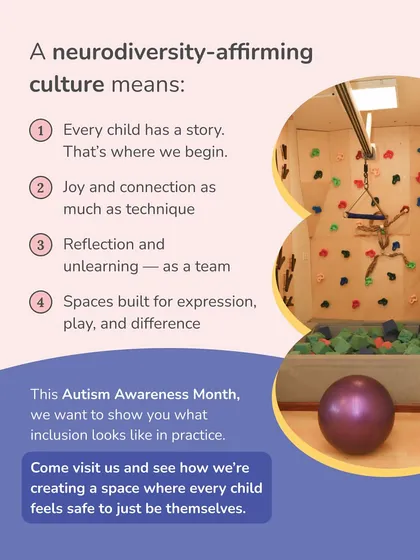This is what a neurodiversity-affirming culture looks like in practice. Our therapy spaces, like the climbing wall and foam pit shown here, are designed for expression, play, and difference. We believe in creating an environment where every child feels safe and celebrated for who they are.