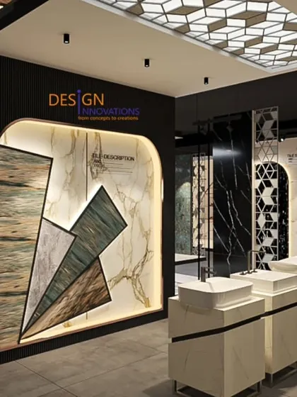 A glimpse into the Hindware Italian Collection showroom, where we displayed tile and material samples in an artistic, back-lit arch. This approach turns functional samples into a design feature, highlighting the quality of the materials.