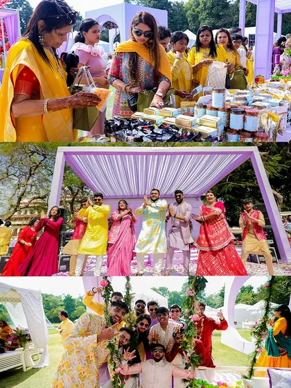 A collection of moments from a vibrant Haldi, showing guests enjoying the favor stalls, dancing on stage, and celebrating with the happy couple.