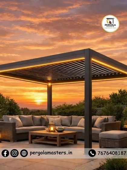 Imagine ending your day here. This rafters pergola, enhanced with integrated LED lighting, creates a warm and inviting ambiance as the sun sets, turning your terrace into a magical space for evening relaxation.