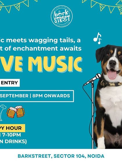 Music meets wagging tails! A poster for our live music night with free entry and a happy hour.
