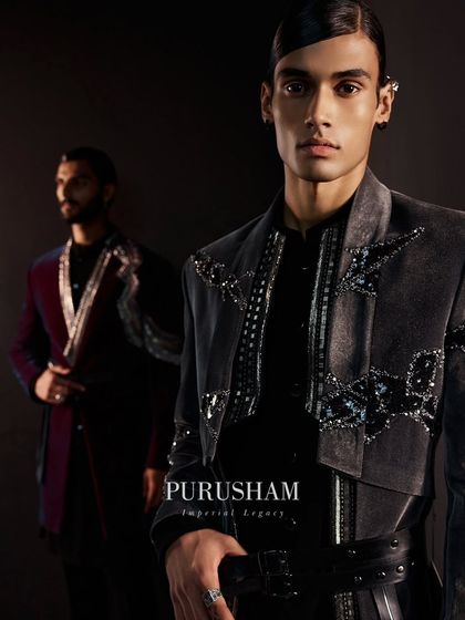 The fabric of richness weaves stories of sophistication. This grey velvet jacket with sequin and metallic details is a perfect example of the luxurious textures I use for my winter pieces.