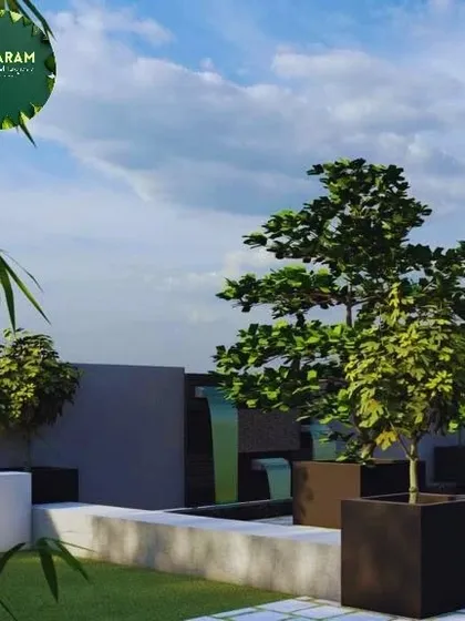 A 3D design concept for a modern terrace, featuring large planters, a water feature, and a comfortable seating area.
