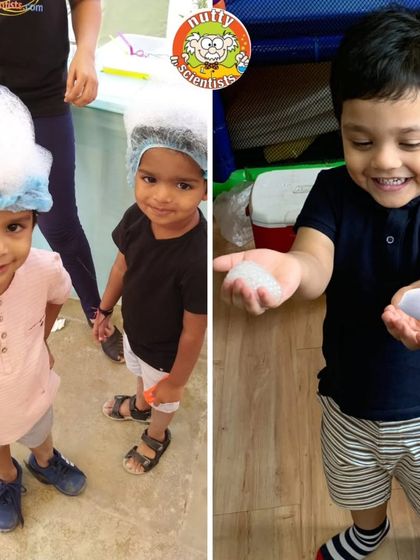 Bubble brains in action. Sometimes the simplest experiments, like making a head full of foam, create the most laughter and joy in our workshops for the youngest scientists.