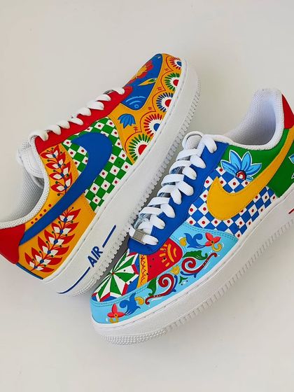 A shot of both mismatched Indian art sneakers together. This project was pure joy, creating a crazy, unique pair for someone who truly cherishes wearing handmade, expressive art.