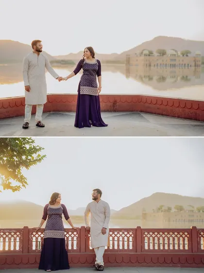 A pair of images capturing the couple holding hands and interacting naturally by the lake at Jal Mahal, showcasing our candid photography style.