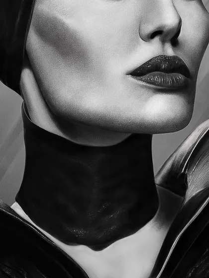 This close-up shows the detail in Maleficent's collar and jawline. I focused on the sharp, angular structure of her face and the texture of her costume.