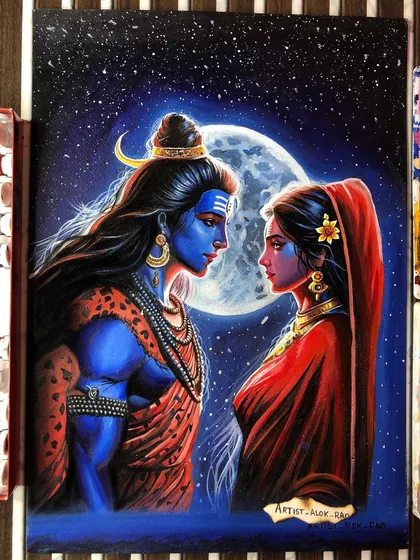 A completed painting of Shiva and Parvati against a starry night sky with a full moon. This A3 size acrylic piece captures their divine and eternal love.
