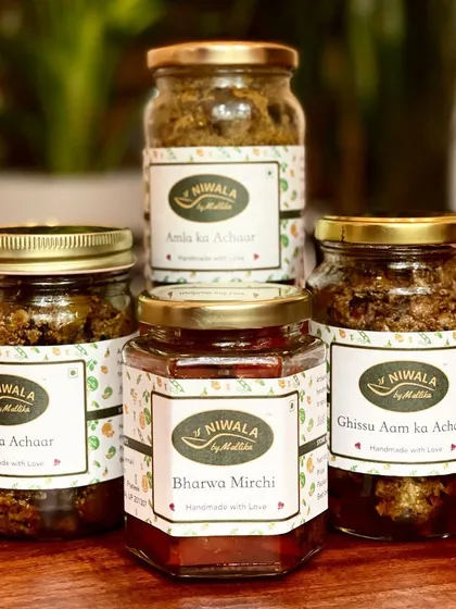 A beautiful family of my best-selling pickles, ready to find a new home. You can see my Amla ka Achaar, Ghissu Aam ka Achaar, classic Aam ka Achaar, and the fiery Bharwa Mirchi. Each one is made in small batches to ensure freshness.