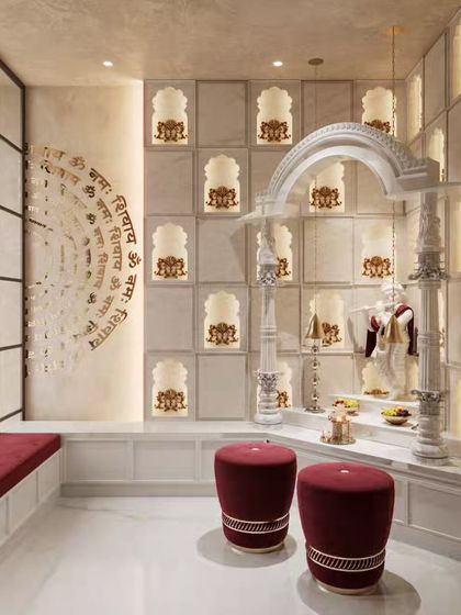 We create visualizations for sacred spaces with the respect and detail they deserve. This render of a modern home prayer room (mandir) focuses on the serene marble, intricate niches, and peaceful lighting.