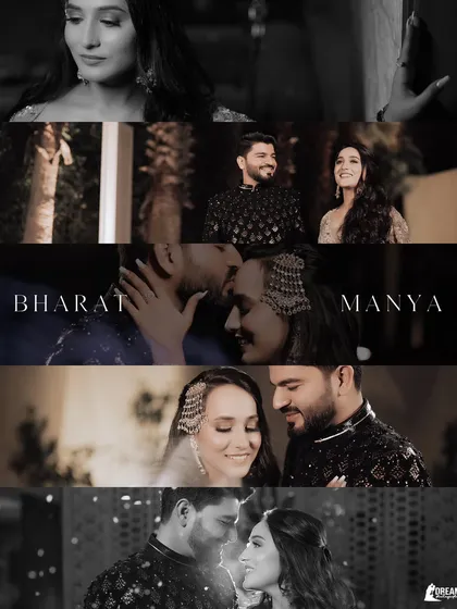 A film-strip style collage of Manya and Bharat, showcasing romantic black and white and color moments from their Sagan.