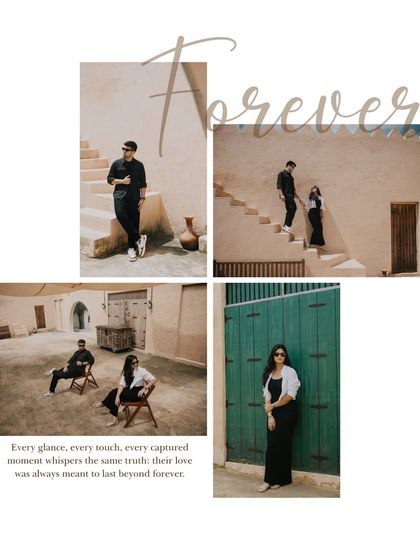 A collage showcasing a shoot with a distinct Mediterranean or Moroccan vibe. The earthy tones, clean architecture, and candid moments tell a story of effortless, stylish love.