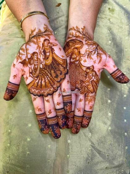 The completed Hariyali Teej design with a beautiful dark stain, showing the festive scene in stunning detail.