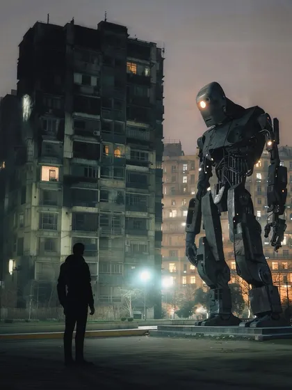 In this 'Midnight in Mumbai' scene, the silhouette is confronted by a giant, awakening robot. This builds on the previous image, introducing a massive sci-fi threat.
