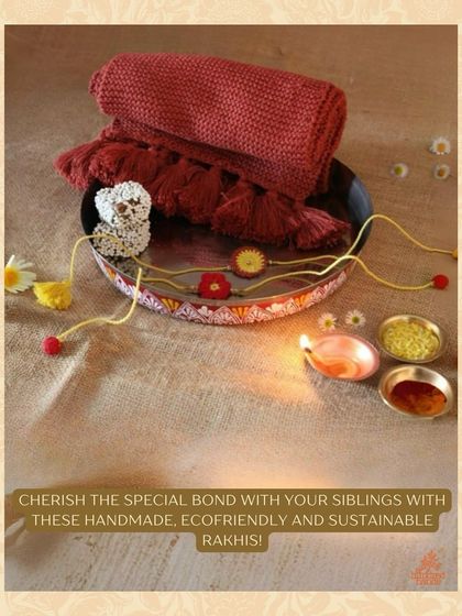Cherish the special bond with your siblings with these handmade, eco-friendly, and sustainable Rakhis, beautifully arranged with a diya and traditional thali items.