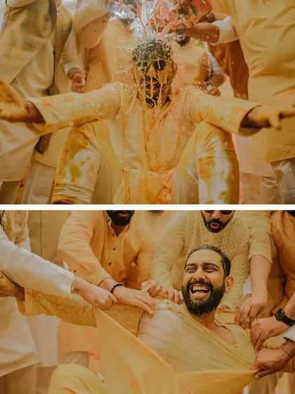 A collage showing the groom's wild Haldi ceremony. He is completely covered in turmeric paste, a testament to the fun and love shared by his friends and family.