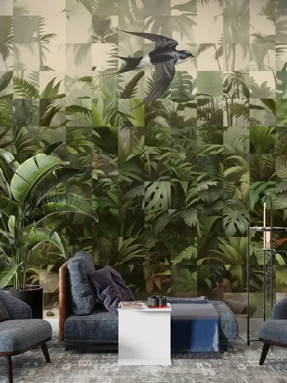 The same pixelated jungle design in a different living room setting. The abstract nature of the pattern works well with various decor styles, from modern to eclectic.
