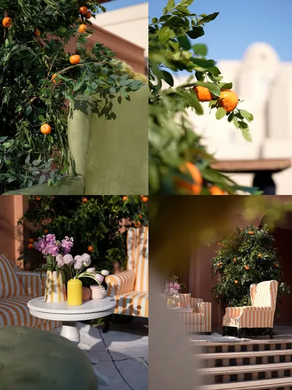 A collage of details from the winter brunch in Agra, showcasing the citrus-themed decor, striped furniture, and beautiful floral arrangements that created a warm and inviting atmosphere.
