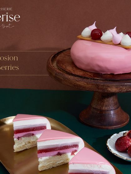 Discover a berry-licious adventure. This image shows the full "Explosion of Berries" entremet and its beautifully layered slices.