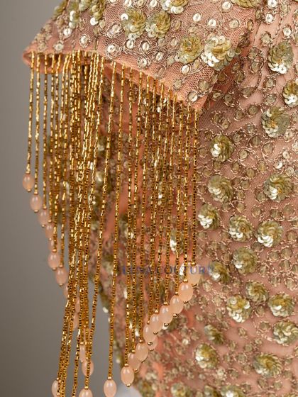 This peach-toned blouse is all about the sparkle and movement. It's crafted from net and covered in sequin and zardozi floral motifs, with dramatic, dangling beaded tassels on the sleeves for a show-stopping effect.