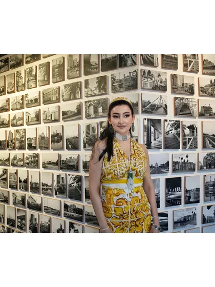 Styling for a feature in the Indian Express. Here, the client wears a bold yellow printed Dolce & Gabbana outfit, paired with a statement choker, for a look that is artistic and high-fashion.
