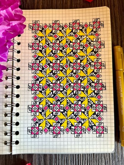 A different angle of the yellow and pink geometric design.