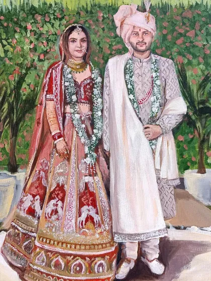 A close-up of the couple from a live wedding painting in Delhi. The bride's intricate lehenga and the groom's elegant sherwani were the focus.