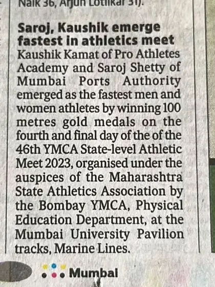 A snippet from a newspaper article recognizing Kaushik Kamat of Pro Athletes Academy as one of the fastest athletes at the meet.