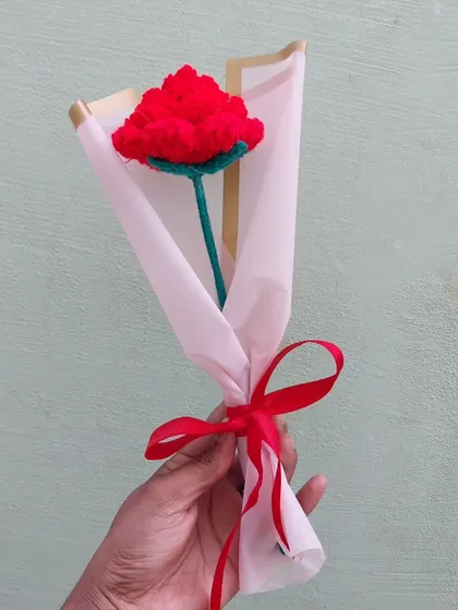 A single red rose, beautifully wrapped as a mini-bouquet.
