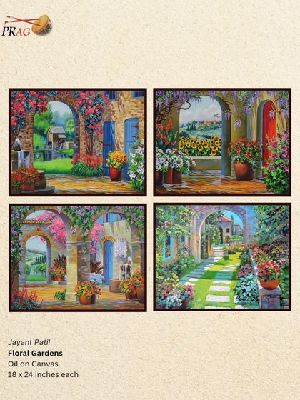 A set of four 'Floral Gardens' by Jayant Patil, each painting an idyllic scene of European-style architecture and blooming flowers.