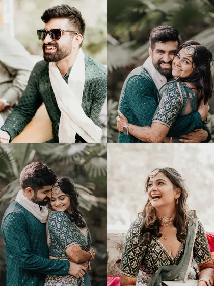 A collage of candid and romantic moments from Palak and Mayank's destination mehndi. Their joyful interactions tell a beautiful story of their love.
