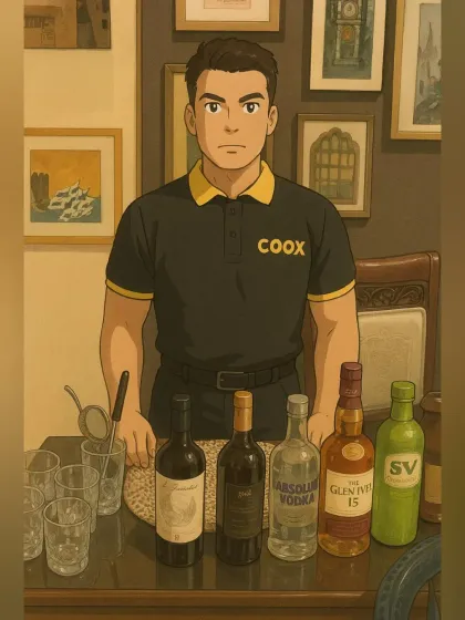 An artistic look at the bar service I provide. A professional bartender stands ready with a selection of spirits and glassware to create a high-end cocktail experience in your home.